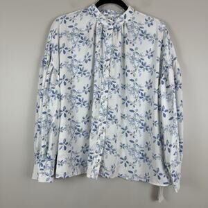 Dazy Floral Top Women Small White Blue Long Peasant Sleeve Button Up Cottagecore
